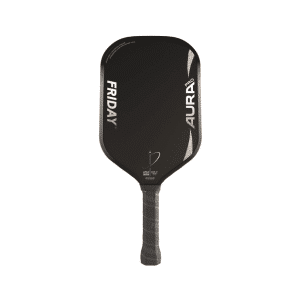 Image d’une raquette de pickleball Friday Aura Pro Elongated offrant portée accrue, puissance maximale et effets améliorés pour un jeu offensif avancé.